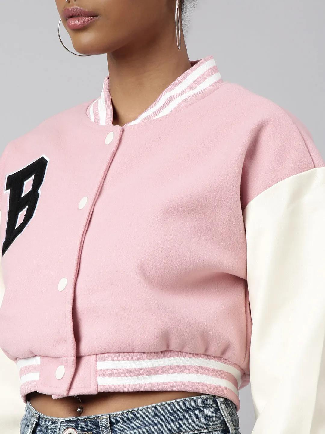 Women Pink Colour blocked Drop Shoulder Oversized Crop Varsity Jacket