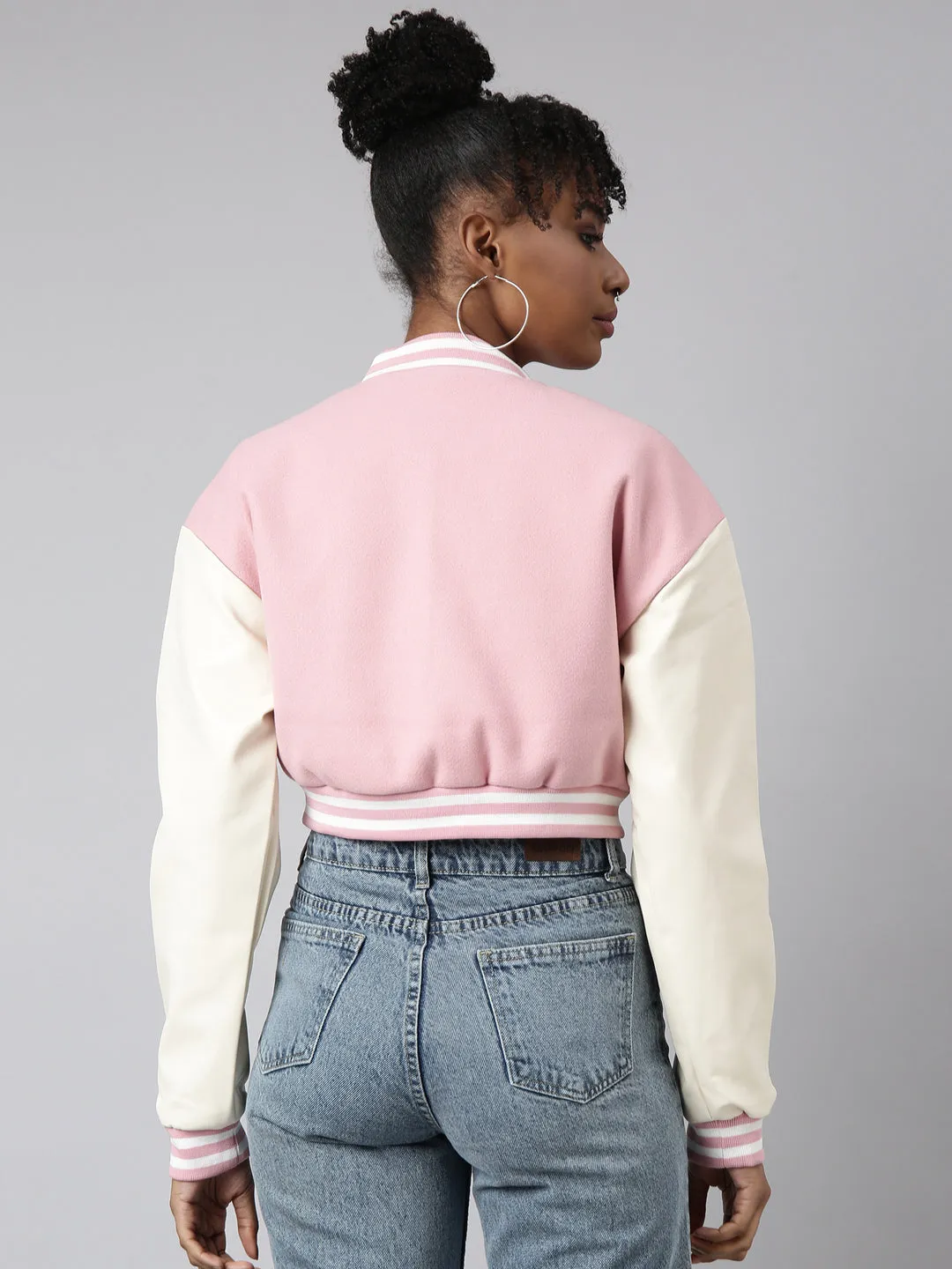 Women Pink Colour blocked Drop Shoulder Oversized Crop Varsity Jacket