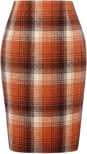 Women Preppy Style and Office Pencil Plaid Skirt Slim Fit Pencil Mini Skirt