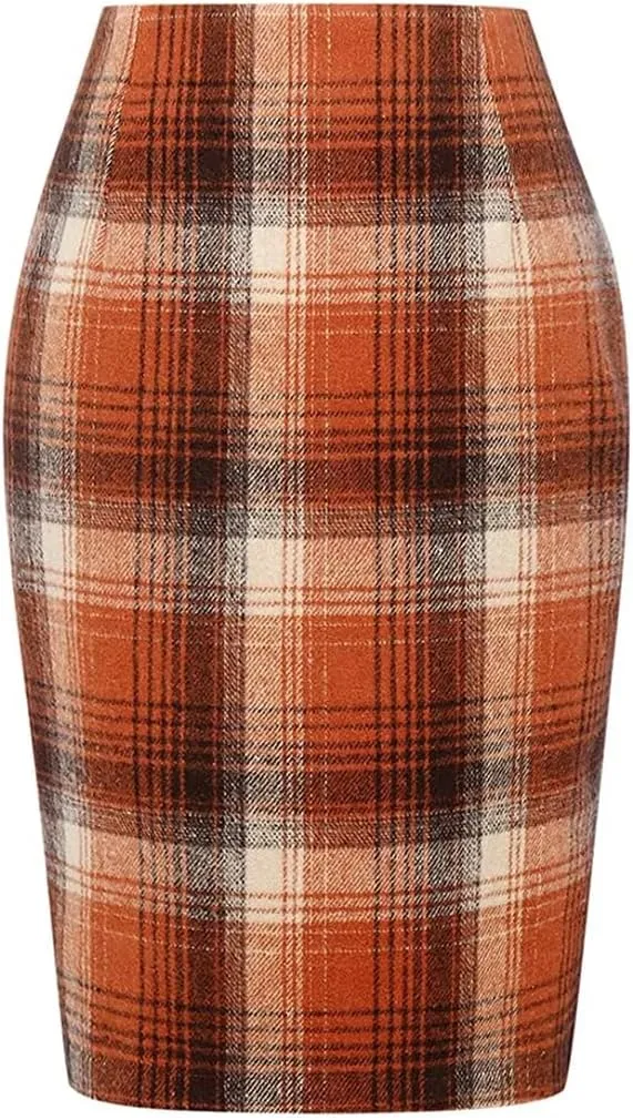 Women Preppy Style and Office Pencil Plaid Skirt Slim Fit Pencil Mini Skirt