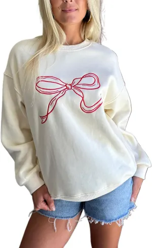 Women Teen Girls Cute Bow Graphic Hoodies Y2k Oversized Long Sleeve Hooded Sweatshirt Aesthetic Pullover Streetwear