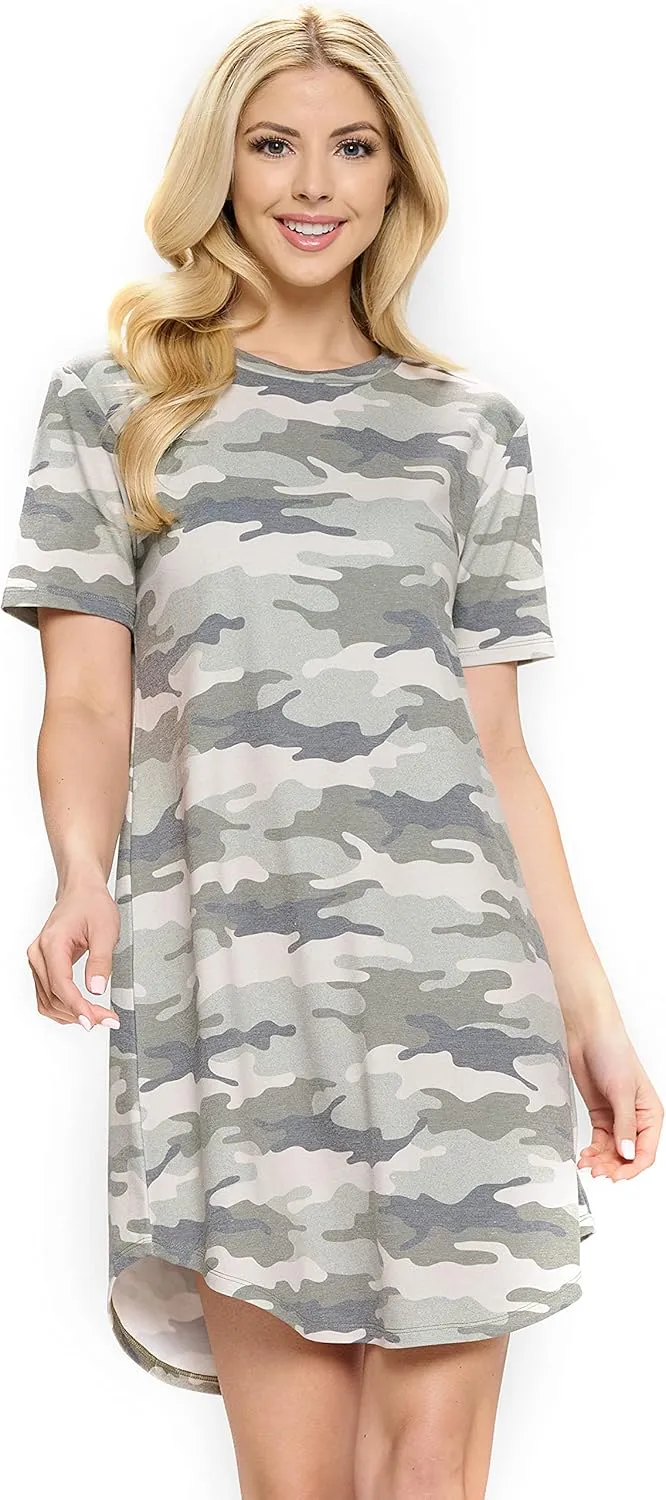 Women's Camo Print Stretchy Soft Curve Lined T Shirt Dress