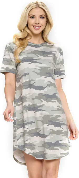 Women's Camo Print Stretchy Soft Curve Lined T Shirt Dress