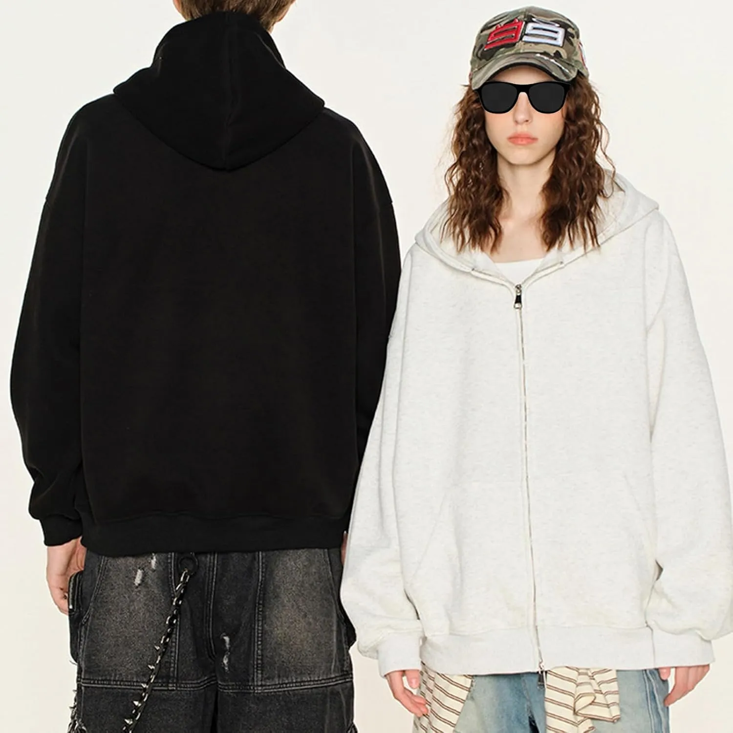 Womens Double Zip Up Hoodie Oversized Vintage Hoodied Heavyweight Fleece Sweatshirt Full Zip Cotton Hooded