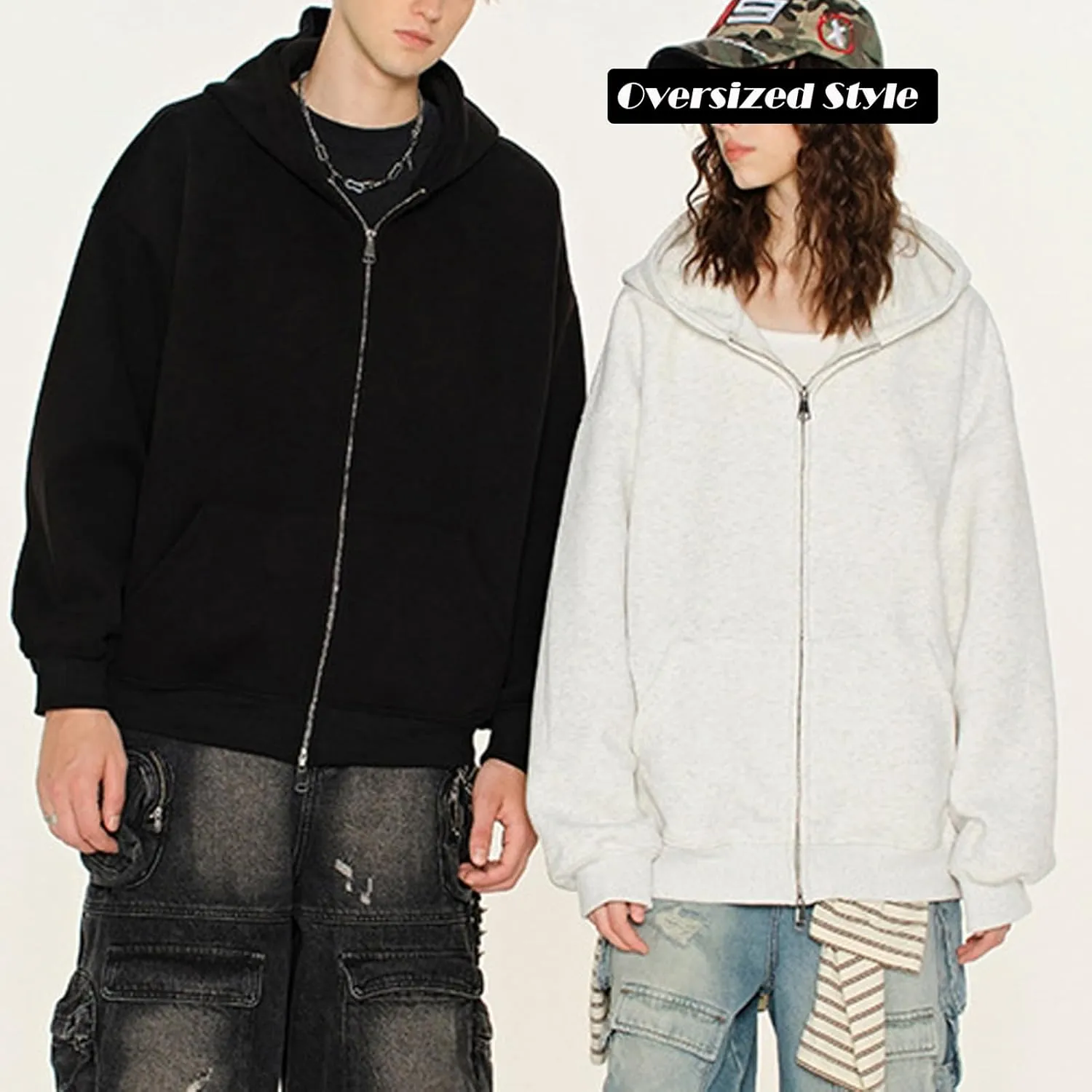 Womens Double Zip Up Hoodie Oversized Vintage Hoodied Heavyweight Fleece Sweatshirt Full Zip Cotton Hooded