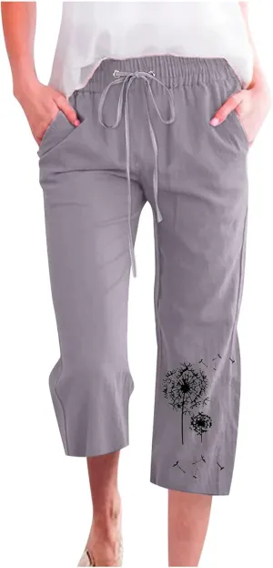 Womens Linen Capris Casual Summer Elastic High Waist Dandelion Print Capri Pants Wide Leg Cropped Lounge Trousers