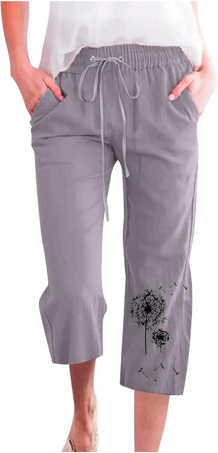 Womens Linen Capris Casual Summer Elastic High Waist Dandelion Print Capri Pants Wide Leg Cropped Lounge Trousers