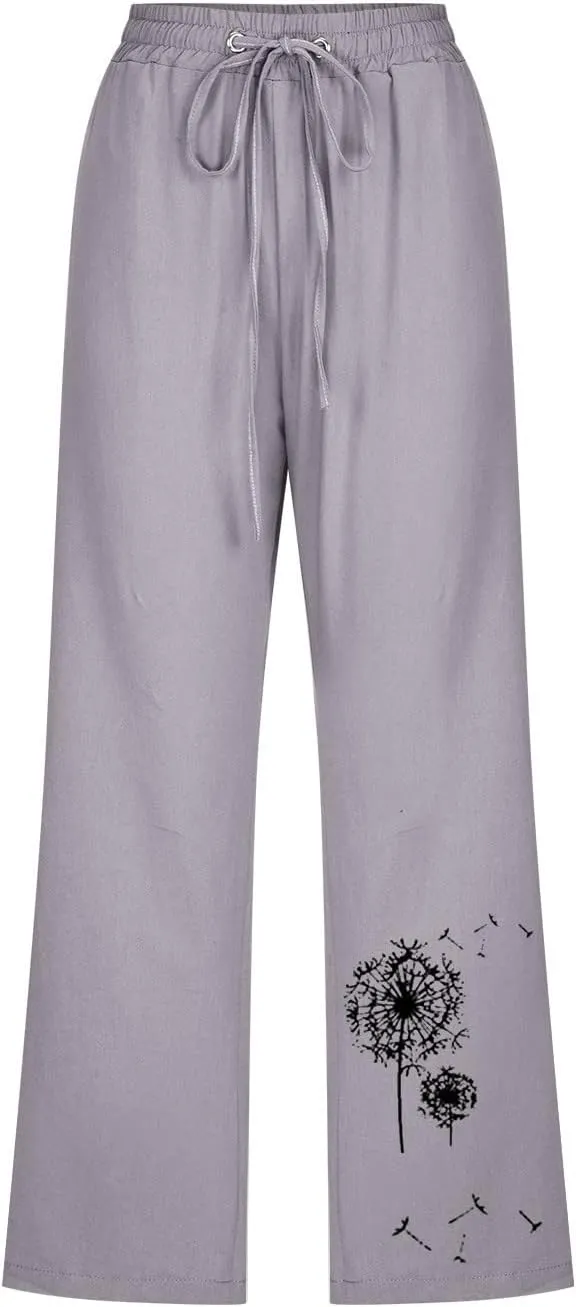 Womens Linen Capris Casual Summer Elastic High Waist Dandelion Print Capri Pants Wide Leg Cropped Lounge Trousers