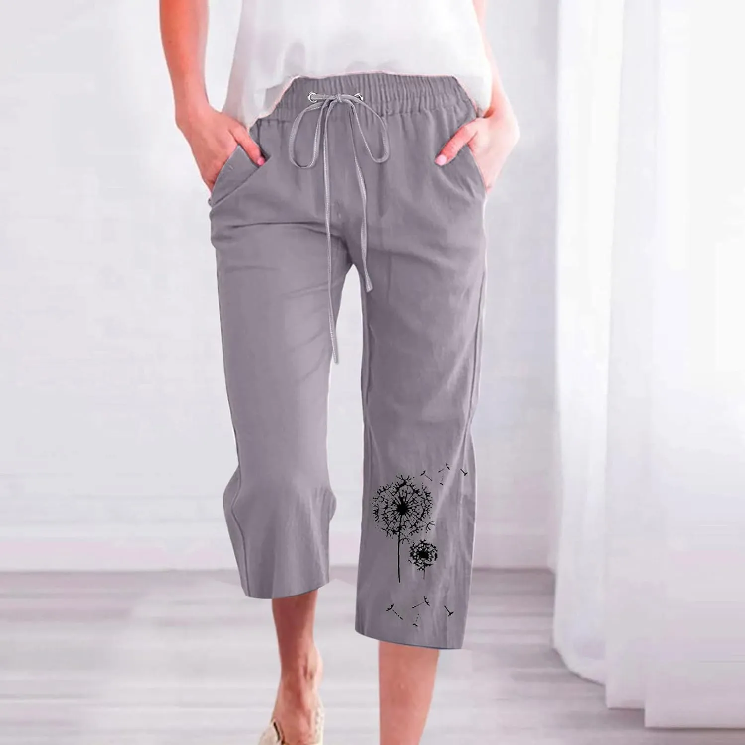Womens Linen Capris Casual Summer Elastic High Waist Dandelion Print Capri Pants Wide Leg Cropped Lounge Trousers