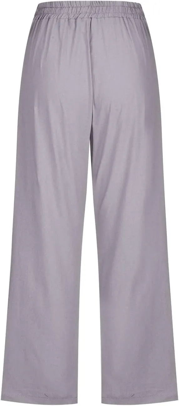 Womens Linen Capris Casual Summer Elastic High Waist Dandelion Print Capri Pants Wide Leg Cropped Lounge Trousers