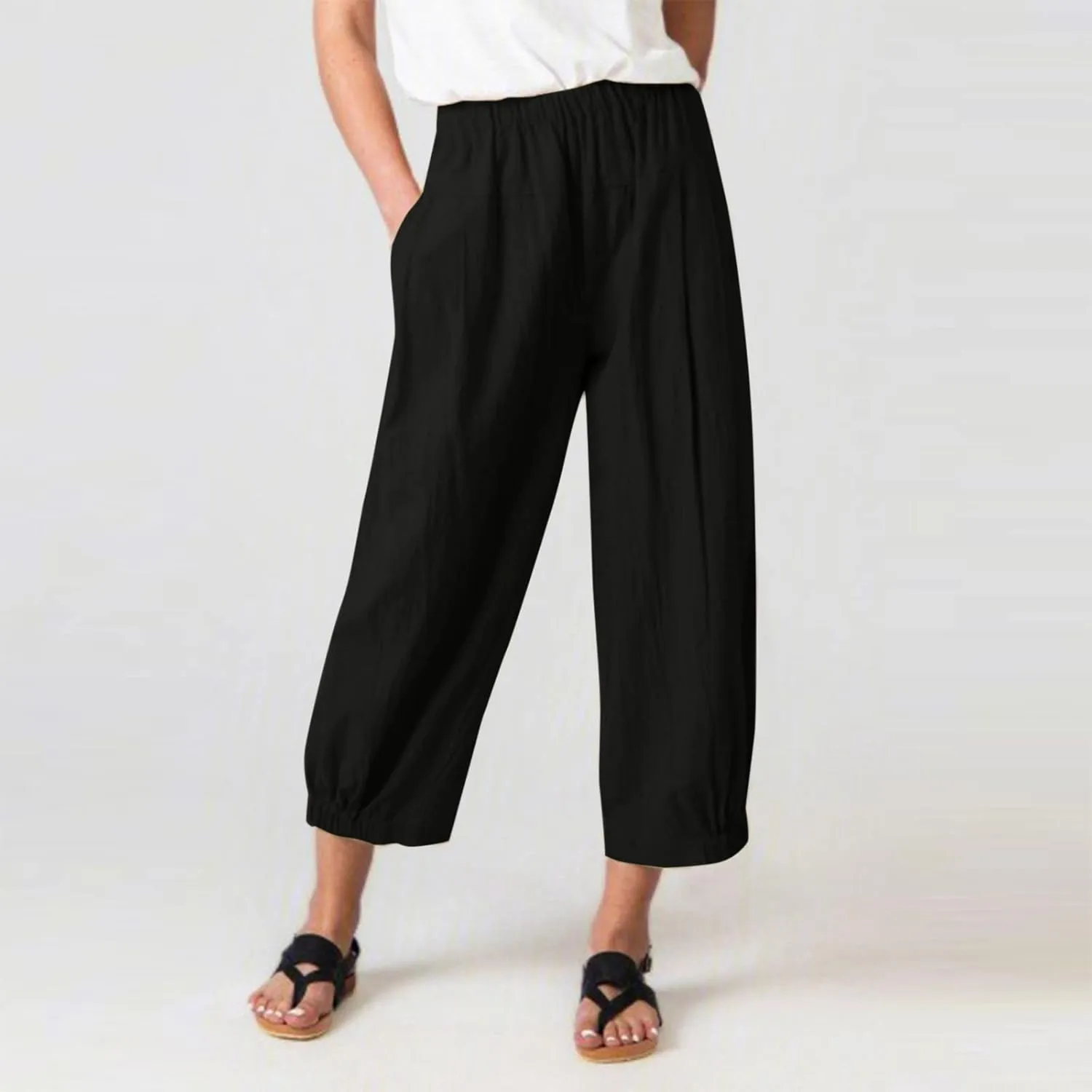 Womens Linen Pants Dressy Casual 2024 Summer Elastic Waist Lounge Trousers Beach Vacation Cropped Pant Outfits