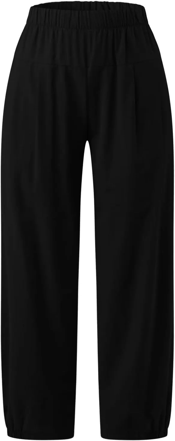 Womens Linen Pants Dressy Casual 2024 Summer Elastic Waist Lounge Trousers Beach Vacation Cropped Pant Outfits