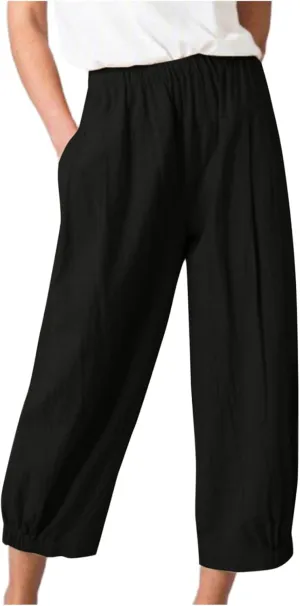 Womens Linen Pants Dressy Casual 2024 Summer Elastic Waist Lounge Trousers Beach Vacation Cropped Pant Outfits