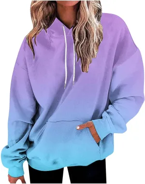 Women's Oversized Hoodies Plus Size Gradient Color Fall Tops Drawstring Trendy Pullover Tees Loose Preppy Clothes