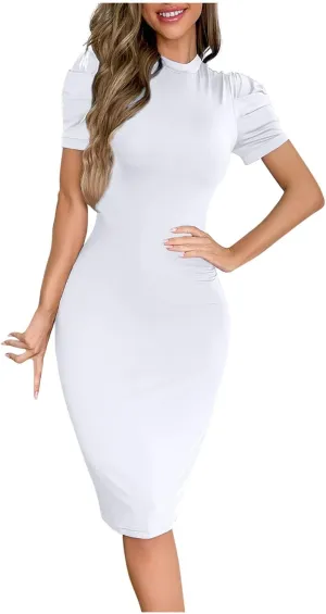 Womens Summer Casual Sexy Short Sleeve Mock Neck Bodycon Dress Basic Pencil Midi Evening Cocktail Party Club Dresses