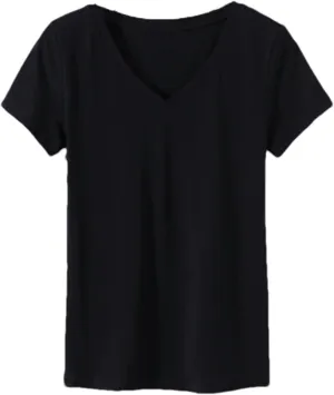 Women's V-Neck Casual Solid Color Short-Sleeved T-Shirt Cotton Slim Fit Soft Daily Bottoming Shirt